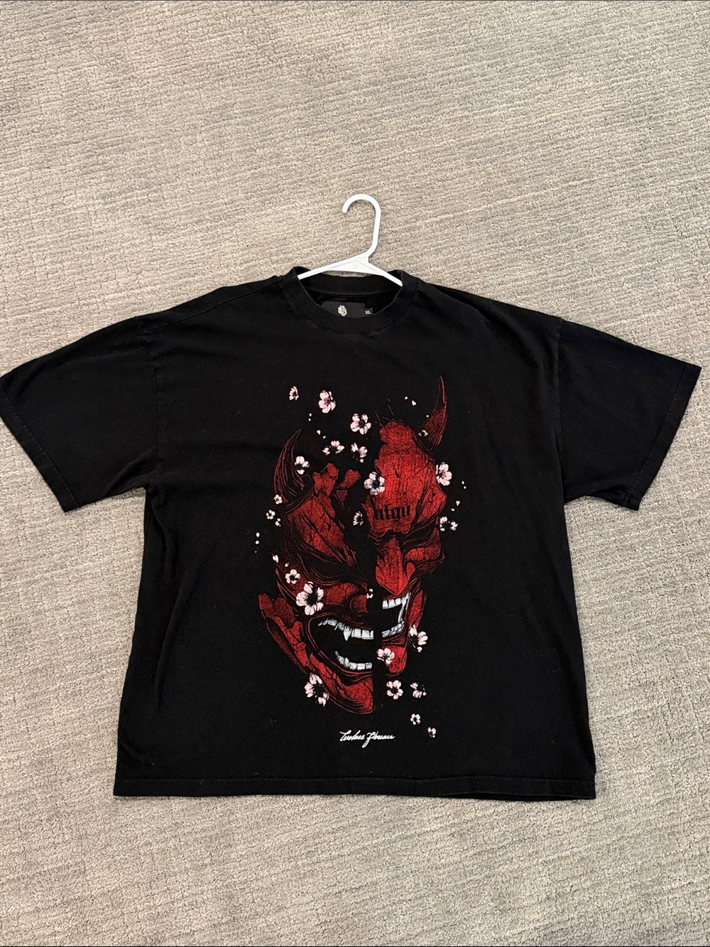 Darc Sport Black Short-Sleeve Tee with Red Oni Mask and Pink Floral Accents